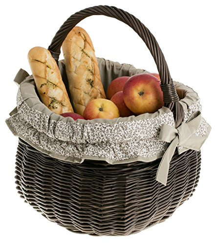 e-wicker24 Alles aus Weide Panier rond en osier gris-brun avec anse,Panier de courses avec une housse beige et joli bordure decorative. (Brun_4)