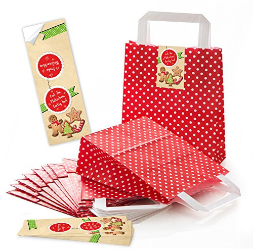 Logbuch-Verlag 25 weihnachtliche Papier Geschenktaschen rot mit Sticker 18 x 8 x 22 cm Papiertaschen klein Banderole Plätzchen Verpackung