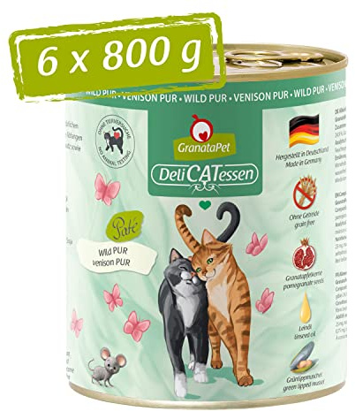 GranataPet Våtfoder Delicatessen vilt PUR, 6 x 800 g, för katter, foder utan spannmål och utan sockertillsatser, kattfoder med hög kötthalt och högkvalitativa oljor