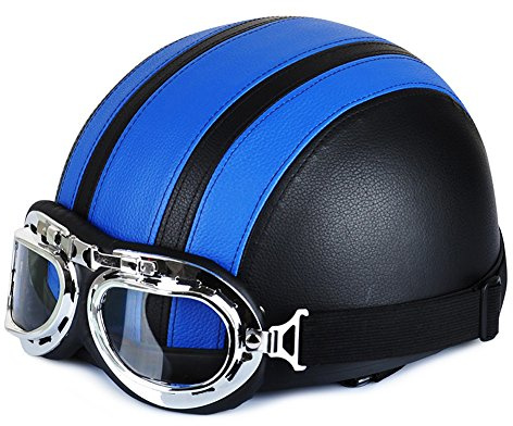 Annong Casque de Moto et Velo Bol Lunettes Retro Style de Vintage Cuir Harley Casque Moitié Helmets 54-60cm (Bleu)