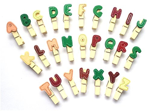 LWR CRAFTS Wooden Mini Clothespins Letters 26 Pieces and Jute Cord 2.4m