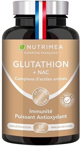 Glutathion | Réduit à 98% | Formule avec Précurseurs dont NAC + Vitamine C | Haute Concentration | Peau Illuminée | 90 Gélules Vegan | Nutrimea | Fabriqué en France
