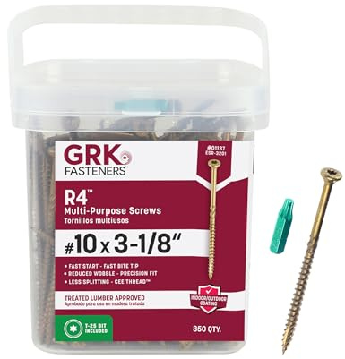 GRK Fasteners R4™ #10 x 3-1/8 Inch, Multi-Purpose Framing Screws, 350 PCS, Rust Resistant Climatek™ Coating, Outdoor Fencing and Deck Screws, Fast Bite Tip, Star Drive Recess, T-25 Bit Included, Gold
