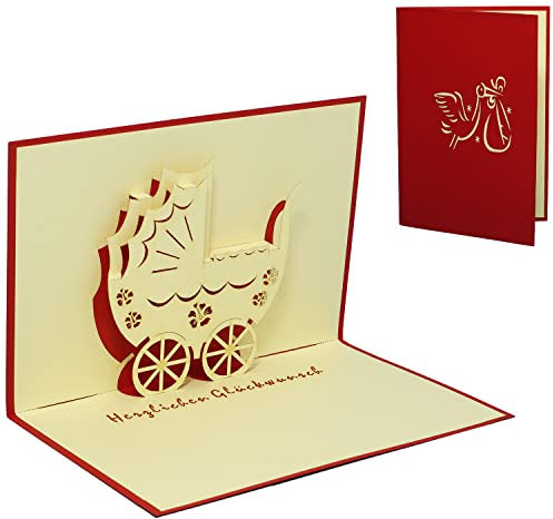 LINPopUp®, POP UP 3D Karte Glückwunschkarte Geburtskarte Klapperstorch Kinderwagen für Mädchen rot #93#