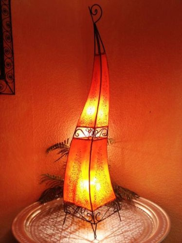 Orientalische Stehlampe Rahaf orange 120cm Lederlampe Hennalampe Lampe | Marokkanische Große Stehlampen aus Metall, Lampenschirm aus Leder | Orientalische Dekoration aus Marokko, Farbe Orange