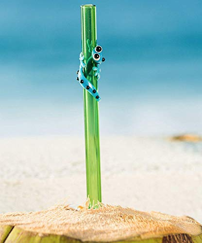 Hummingbird Glass Straws Sky Blue Gecko on Green Straight 9 in x 9.5 mm With Cleaning Brush