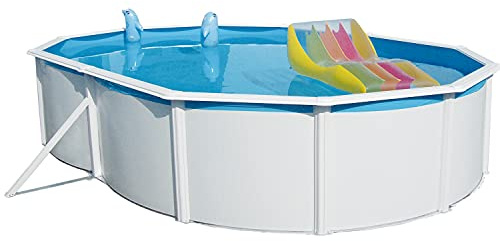 Steinbach Stahlwandpool Set Nuovo de Luxe – 011251 – 550 x 366 x 120 cm – Ovaler Pool in Weiß für bis zu 18.400 l Wasserinhalt – Mit winterfester blauer Innenfolie und zahlreichem Zubehör