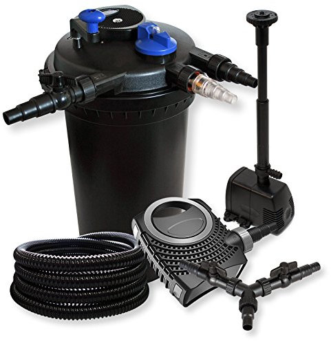 SunSun Komplettset: CPF-15000 Teichdruckfilter bis 30000 L mit 18 Watt UV-C Teichklärer, CTF-8000 Teichpumpe 8000l/h 70W, 25m Teichschlauch 25 mm, HJ-943 Springbrunnenpumpe 800l/h 16W, Y-Verteiler