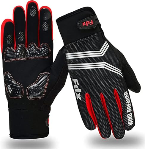 FDX Full Finger Winter Cycling Gloves, Breathable, Water Resistant, Windproof, Anti- Shocking Gel Padded Palms, Touchscreen, Anti-Slip Warm Thermal Men Women MTB, Racing, Riding, Running (Red L)