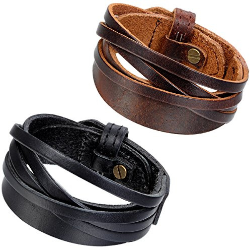 Flongo Lederarmband Männer Groß Armband Herren Armreif, Leder Armband Armreif Manschette Schwarz Braun Verstellbar Motorradfahrer Biker Herren-Accessoires