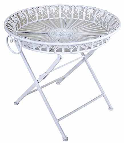 Teetisch SHABBY CHIC GARTEN Weiß Eisen Ø65 cm Beistelltisch Vintage Antik Gartentisch Patiniert Metall Romantisch Balkonmöbel Rund Tisch Landhausstil Outdoor Flechtoptik Garten Terrasse Shabby Chic