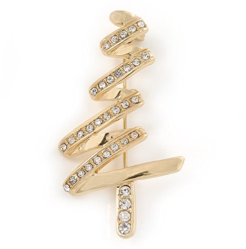 Broche en forme de sapin de Noël plaqué or avec cristaux transparents – 50 mm L, taille unique, Pas de type de métal, diamante