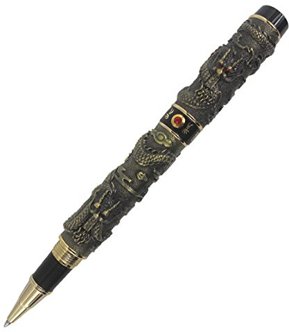 Abcsea dubbla klassiska kinesiska drakar leker utsökta sniderier 3D Rollerball-penna bronze & black
