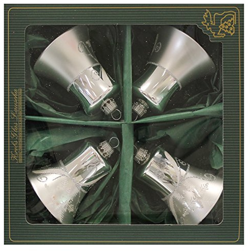 Krebs Glas Lauscha - Weihnachtsdekoration/Christbaumschmuck aus Glas - Glocken - Farbe: Matt Silber - Menge: 4 Stück - Größe: ca. 7 cm - Made in Germany