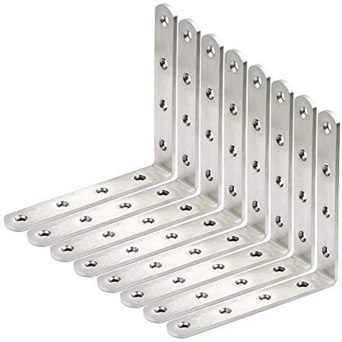 WEBI L Brackets Corner Bracket,90 Degree Stainless Steel Corner Brace- 8 Packs 4 mm Thick 6 X 6,Heavy Duty Shelf Brackets Right Angle Bracket for Shelf, Wood, Furniture, Brushed Nickel