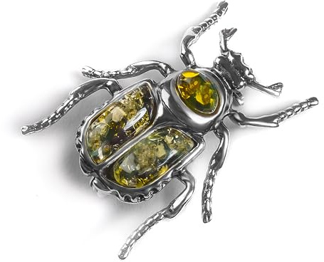 Beetle Broche en ambre pour femme en argent – Bijou de déclaration d'ambre vert – Accessoire de mode pour costume – Cadeau pour les amoureux de la nature