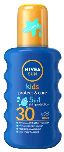 NIVEA SUN Kids Protect & Care Coloured Spray SPF 30+ (200 ml) Sunscreen Spray with SPF 30 Kids Sun Cream for Sensitive Skin, Immediately Protects Against Sun Exposure