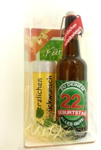 SünGross Geschenk Set, Bierset Bier Geschenk zum 22. Geburtstag das bei Frau und Mann Immer gut ankommt, Bierflasche mit Etikett, Glas Bierkrug und Geschenk Postkarte