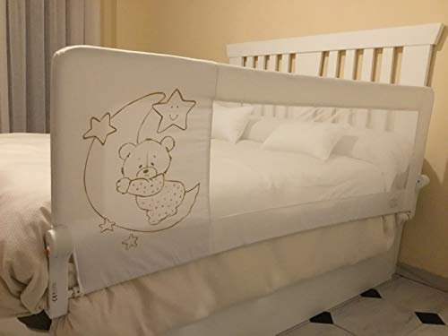 Mundibebé Barrera Seguridad Niños Cama 150 x 66 cm - Seguridad y Comodidad, Alta y Robusta - Barrera Cama Niños Abatible - Barandilla Cama Niño Modelo Osito y Luna Beige