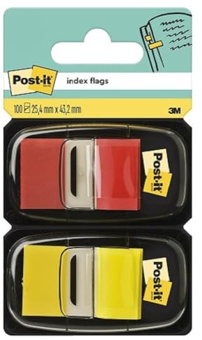 Post-it index självhäftande remsor, standard, röd och gul, 25,4 mm x 43,2 mm, 50 självhäftande remsor per dispenser, 2 dispensrar – för dokument och viktig information