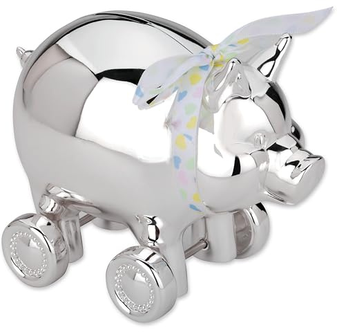 Reed & Barton Piggy with Wheels Silverplate Bank, Silver-Plated, Metallic, 1.75 LB
