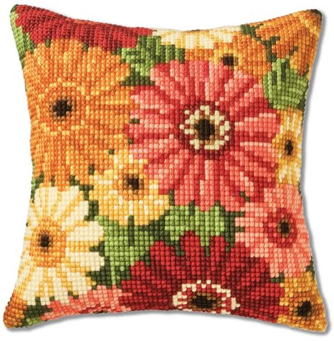 VERVACO Kreuzstich Stickpackungen Kissen Stickerei Set Anfänger Vorgedruckt Gerbera DIY Set Kreativ Set Für Erwachsene Dekoratives Kissen ca. 40 x 40 cm Bastelset Handwerker Haus Dekoration