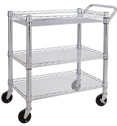 Seville Classics UltraDurable NSF Commercial Heavy Duty Metal Rolling Utility Cart, Handle Bar for Restaurant, Garage, Warehouse, Kitchen, Office, Deep Top Basket (34.8W x 18.25D)