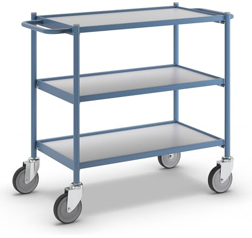 eurokraft | Tischwagen | Tragfähigkeit 150 kg | mit Schiebegriff | 3 Etagen | 4 Lenkrollen