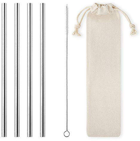 4 Pack of 8mm Wide Eco-Friendly Stainless Steel Straight Metal Straws Set Reusable Silver Drinking Straws for Iced Coffee Tea Bubble Tea Tumbler with Travel Pouch & Cleaning Brush Smoothie Milkshake