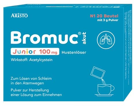 Bromuc akut Junior 100 mg Hustenlöser – Schleimlöser für Kinder bei Erkältung mit festsitzendem Husten – Granulat mit Acetylcystein – Löst den Schleim und erleichtert das Abhusten – Ab 2 Jahren