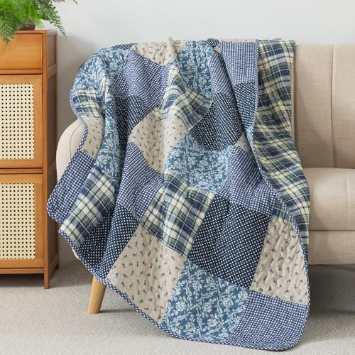 SLPR Cotton Quilted Throw Blanket, 50 x 60 Floral Farmhouse Patchwork Quilt, Shabby Chic Patchwork Throw Lap Quilt for Couch, Blue Symphony