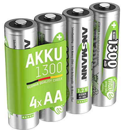 ANSMANN Piles Rechargeables Mignon AA/HR6 1,2V 1300 mAh (Lot de 4) – Piles NiMH à Faible autodécharge pour Lampe de Poche, Jouet, tensiomètre, etc. – Piles AA Rechargeables pré-chargées