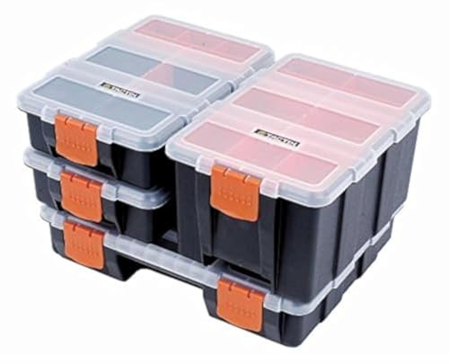 Tactix Sortimentskasten, Organizer 4-teilig, 4 Boxen mit herausnehmbaren Innenteilern und Einsätzen sowie anpassbaren Fächern, 320020