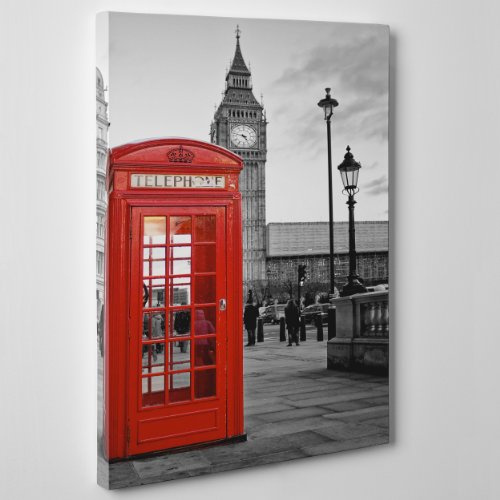 QUADRO SU TELA - INTELAIATO - CABINA TELEFONICA - BIG BEN - LONDRA - LONDON - UK - 30x40cm - Spessore 2cm