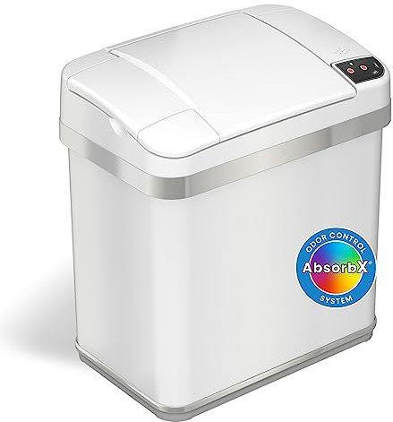 iTouchless 9.5 Litre Sensor Dustbin with AbsorbX Odour Filter, Touchless Automatic White Stainless Steel Waste Bin, Perfect for Home, Office, Toilet, Bathroom