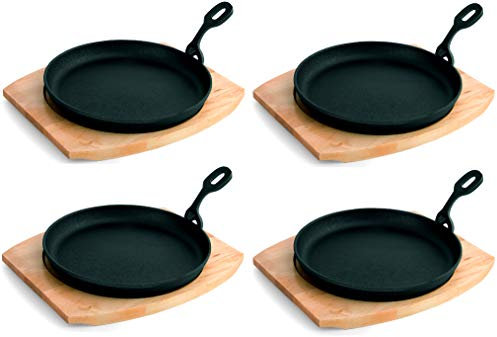 Servierpfanne rund Gusseisen mit Holzuntersetzer 4 Stück