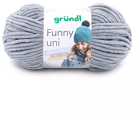 Gründl Wolle Funny uni - weiche Chenille Wolle zum Häkeln - Kuschelig und hautfreundlich - 100 % Polyester - 1 Knäuel 100 g / 120 m - Nadelstärke 5 - 6 - hellgrau