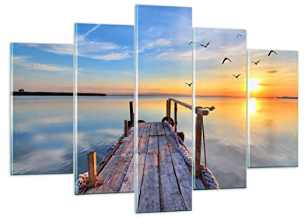 Moderne Impression sur Verre 150x100cm Image Tableau en Verre Decoration Murale Lac nature pont oiseaux Grand XXL Tableaux Decoratifs Muraux Chambre Triptyque 5 parties Deco Salon Art GEA150x100-2402