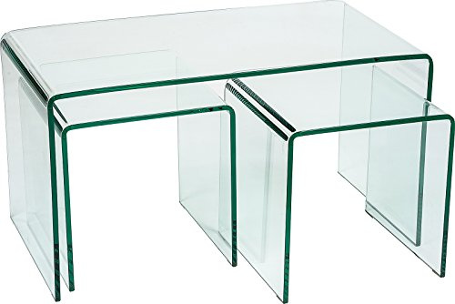 MODERN FURNITURE DIRECT Modena Designer Curved Glass Coffee Table Set of 3, 12mm Thick Tempered Bent Glass Nest of Tables, 86 x 46cm, Clear