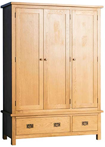 RoselandFurniture Surrey Oak 3 Door Wardrobe with Drawers for Bedroom | Large Hanging Rail Storage Unit, Waxed Finish, Traditional Rustic Style, H183cm W130cm D52cm