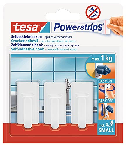 tesa Powerstrips Haken Small Classic - Selbstklebender Wandhaken für Glas, Kacheln, Holz, Kunststoff und andere Untergründe - Weiß, Klein