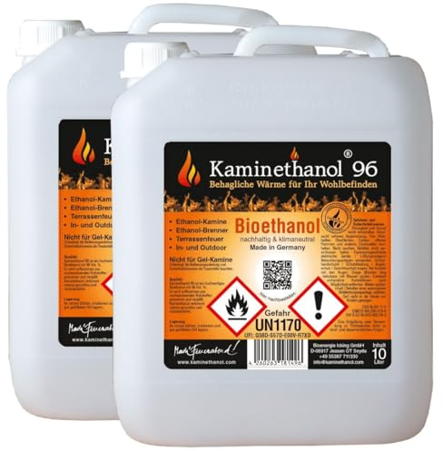 Kaminethanol Icking Bioethanol 96,6% 20 Liter (2 x 10 L) | Premium Qualität - direkt vom Hersteller für Ethanol Kamine, Alkohol-Brenner, Terrasenfeuer, Raumfeuer und Gartenfackeln