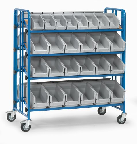 Fetra Transportgeräte mtecf892 Wagen mit Tablett für Boxen verstellbar 52 Boxen, 1420 mm Länge x 740 mm Breite x 1530 mm Höhe, Blau