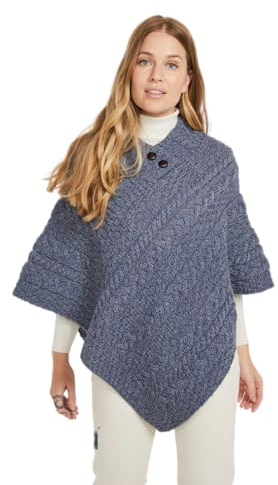 Irländsk 100 % merinoull poncho för kvinnor tillverkad i Irland, Blå denim, one size