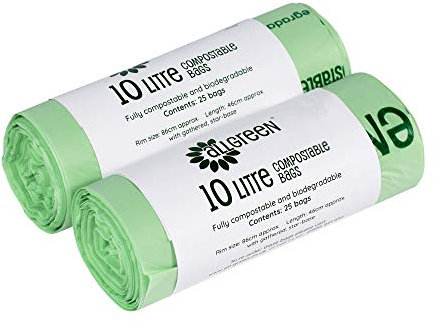 10 Litre x 50 All-Green Compostable Bags - Kitchen Caddy Liner - Food Waste Bin Liners - EN 13432-10L Bags with Composting Guide