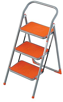 GIERRE Scaletta 3 Gradini In Acciaio Con Base di Appoggio 142H x 48 cm Gancio di sicurezza per Apertura Chiusura Accidentale Scaletta Pieghevole Salvaspazio Gradini Antiscivolo Piedini in Gomma
