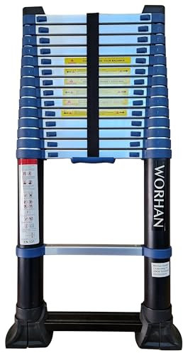 WORHAN 4.4m Escalera Telescopica Pro 440cm ESTABILIZADOR RETRÁCTIL Función Espaciadora de Pared Incorporada Multiuso Multifuncional Aluminio Anodizado Normativa EN131 1K4.4