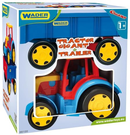 Wader Gigant Traktor mit Anhänger, L = 60 cm Traktor Tragfähigkeit 100kg, L = 57 cm Anhänger mit hinteren Klappe Tragfähigkeit 60 kg, beweglicher Löffel, ab 1 Jahr