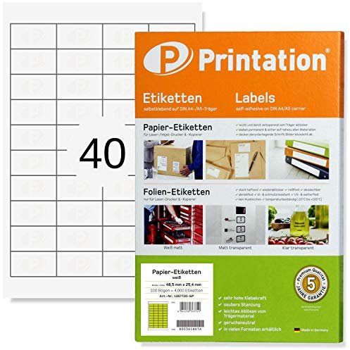 Printation Etiketten Selbstklebend 48,5 x 25,4 mm, 4000 Etiketten Zum Bedrucken, Adressetiketten Selbstklebend, 40 Aufkleber Pro A4 Bogen, 100 Blatt, Bedruckbar, Weiß, Matt, Blanko, Klebeetiketten
