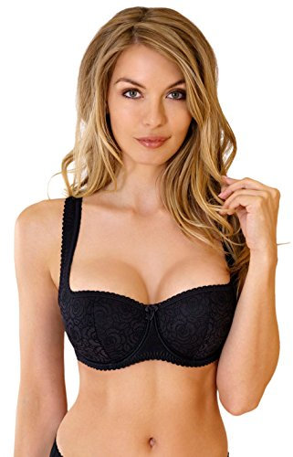 Rosme Women's Balconette Bra with Push Up Effect – Plus Size Sexy Lace Demi Half Cup Bra – Lightly Padded Underwired Low Cut Mesh Design Annija, Black, Size 38F